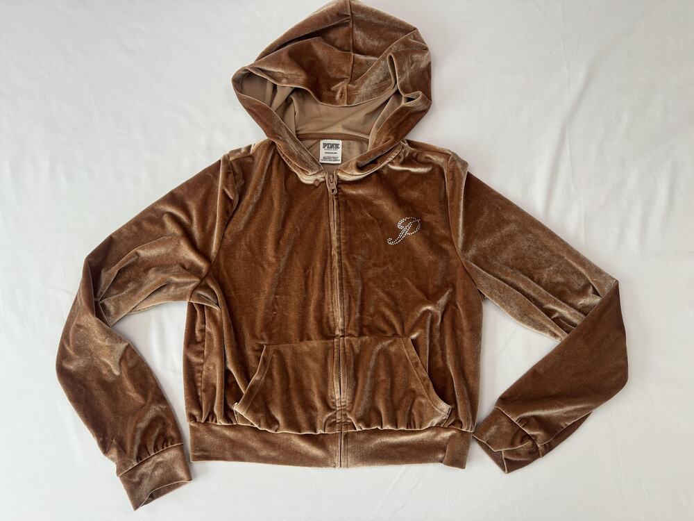 PINK Victoria's Secret Velour Crop Hoodie Womens Small Brown Rhinestone P y2k